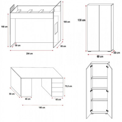 Pink Loft Bed Bunk Bed Wood Girls High Gloss with Desk Wardrobe