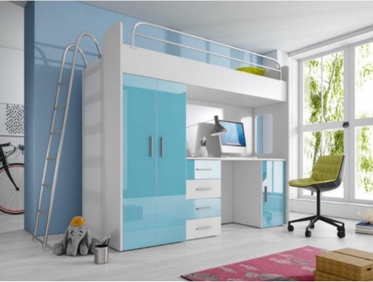 Blue bunk bed wooden loft bed for girls high-gloss with desk and wardrobe
