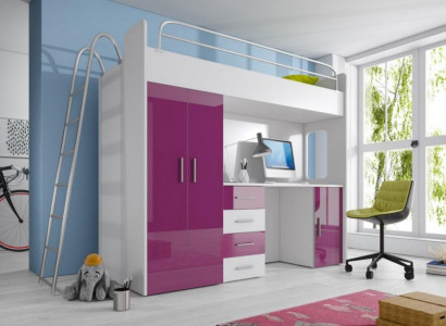 Purple bunk bed wooden loft bed girls high gloss with desk and wardrobe