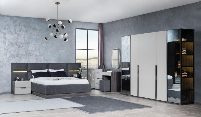 Bedroom bed nightstands wardrobe dresser with mirror furniture set 5-piece