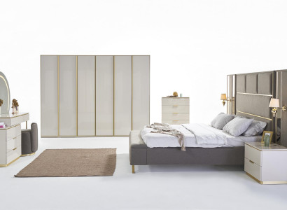 Luxury Complete Bedroom Set Beige Gold Dresser Bed Nightstand 7pcs. Glossy