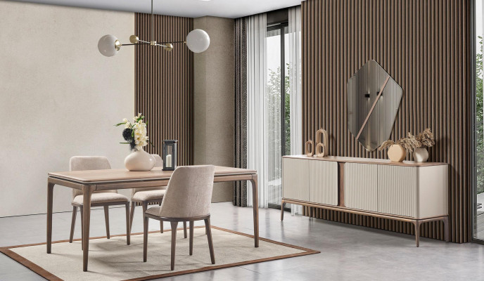 Dining set, dining table, 4 chairs, sideboard, mirror, modern 7-piece wood, beige