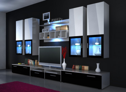 Wall unit, extension wall, cabinet wall, high gloss "color choice", LED lighting, shelf, new
