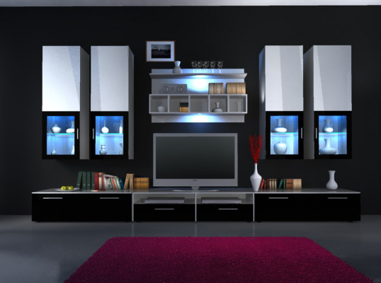 Wall unit, extension wall, cabinet wall, high gloss "color choice", LED lighting, shelf, new