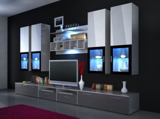 Wall unit, extension wall, cabinet wall, high gloss "color choice", LED lighting, shelf, new