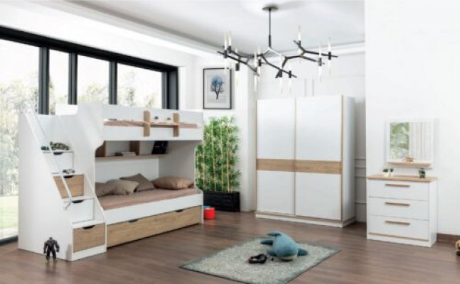 Loft bed, bunk bed, dresser, mirror, bedroom mirror furniture, 4-piece wardrobe.