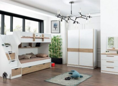 Loft bed, bunk bed, dresser, mirror, bedroom mirror furniture, 4-piece wardrobe.