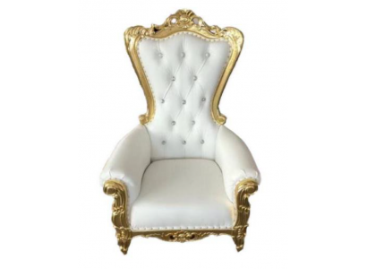 Elegant white armchair with a dynamic silhouette and magnificent decorative elements in the form of floral patterns.