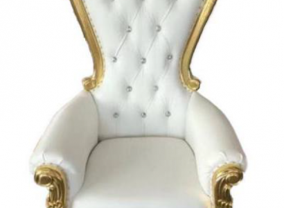 Elegant white armchair with a dynamic silhouette and magnificent decorative elements in the form of floral patterns.
