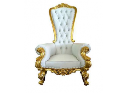A beautiful white, ornate armchair in Baroque and Chesterfield style with Chesterfield-style elements.