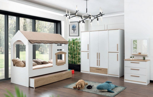 Children's room bed house canopy bed bedroom set suite mirror 4-piece.