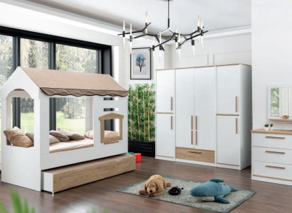 Children's room bed house canopy bed bedroom set suite mirror 4-piece.