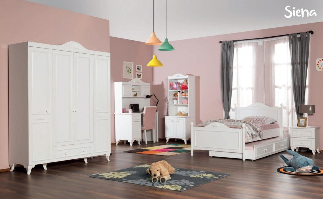 Country House Children's Room Set White Bed Nightstand Desk Shelf Wardrobe 5-piece.