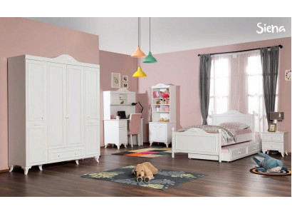 Country House Children's Room Set White Bed Nightstand Desk Shelf Wardrobe 5-piece.