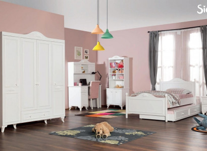 Country House Children's Room Set White Bed Nightstand Desk Shelf Wardrobe 5-piece.
