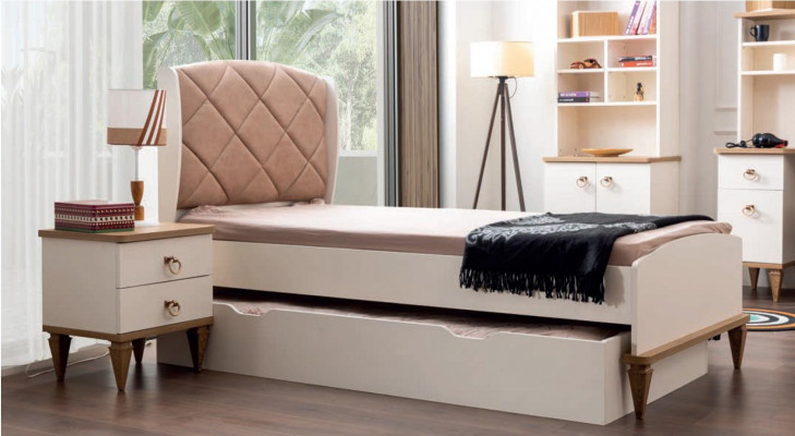 Children's Room Set Beige Children's Bed Nightstand Youth Room Design Modern New 2-piece