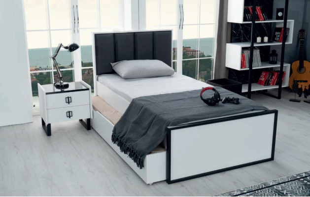 Teenager Room Youth Bedroom Furniture Bed + Nightstand Black White 2-piece set.