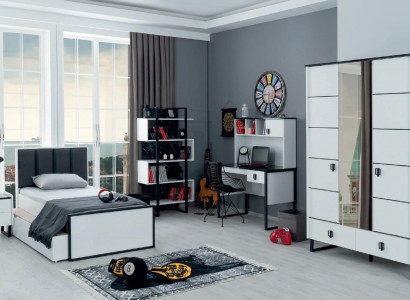 Teenager Room Youth Bedroom Furniture Bed + Nightstand Black White 2-piece set.