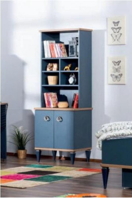 Blue children's room set: bed, bedside table, wardrobe, shelf, desk, new