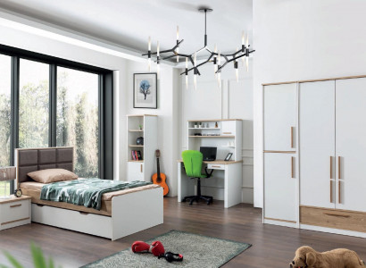 Modern youth room set bed, bedside table, bookshelf, desk, bedroom 5-piece set.