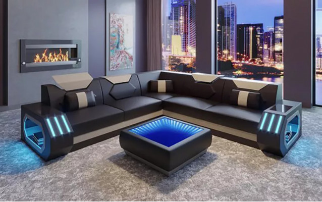 Corner sofa with leather upholstery design, living room sectional couch, L-shaped sofa landscape.