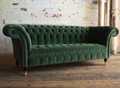 Classic Chesterfield Design Couch 3-seater Sofa Velvet Leather big green new
