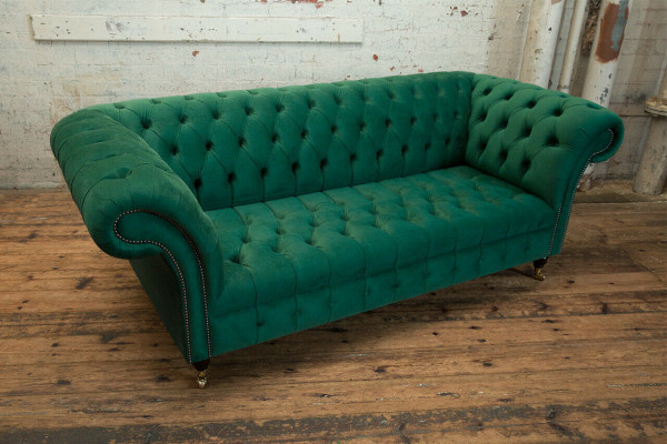 Classic Chesterfield Couch 3-Seater Sofa Couch Velvet Leather Design Big Green New