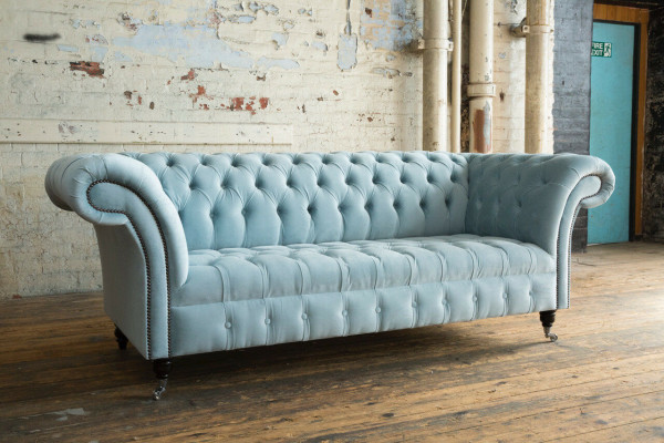 Chesterfield 3-seater upholstered couch leather sofa couches fabric modern style blue