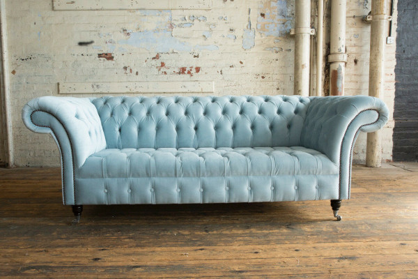 Chesterfield 3-seater upholstered couch leather sofa couches fabric modern style blue