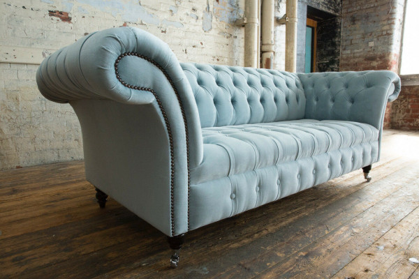 Chesterfield 3-seater upholstered couch leather sofa couches fabric modern style blue
