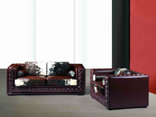 Dark red Chesterfield sofa set 3+2 seater 2-piece leather set with pony fur.