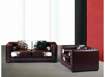 Dark red Chesterfield sofa set 3+2 seater 2-piece leather set with pony fur.