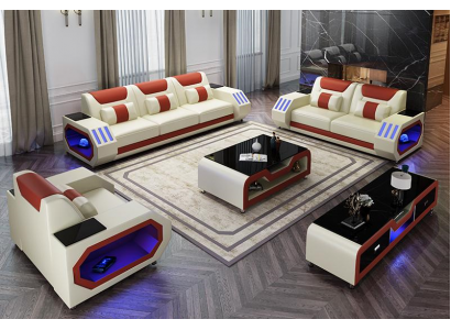 Leather sofa couch set 3+1+1 - Illuminated designer couches new