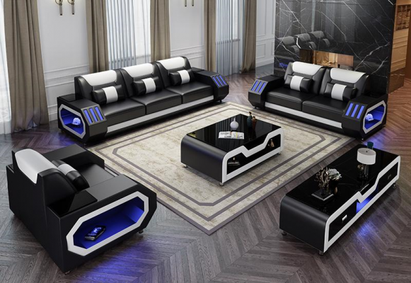 Leather sofa couch set 3+1+1 - Illuminated designer couches new