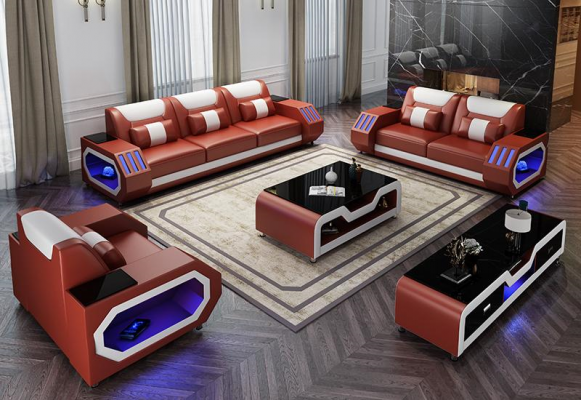 Leather sofa couch set 3+1+1 - Illuminated designer couches new
