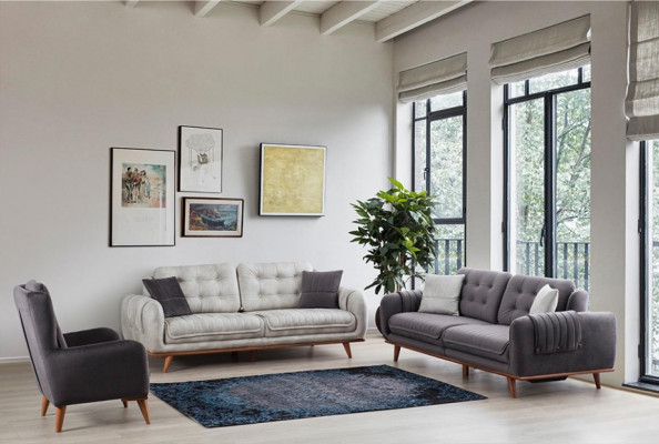 Furniture suite 3 + 3 + 1 in modern style, medium-soft fabric, gray, new