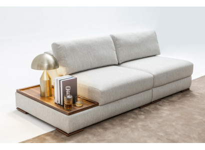 Sleek, modern 2-seater soft sofa with integrated wooden table and wide seat