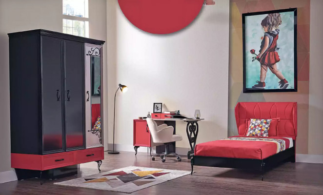 Kids' bedroom red black classic complete room wardrobe bed