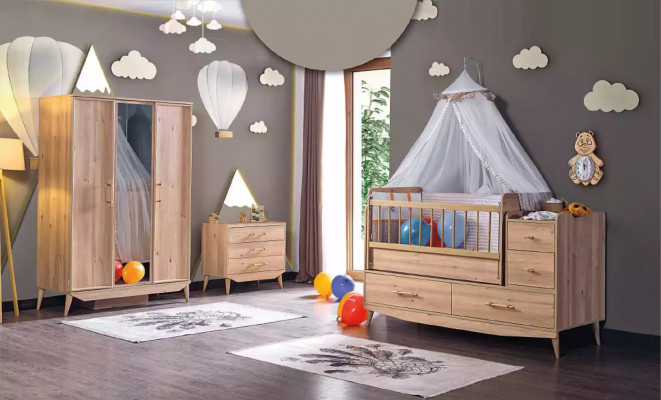 Infant bedroom complete room baby crib wardrobe dresser 3-piece set.