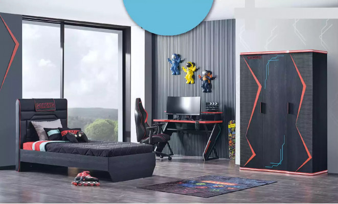 Gamer children's room bedroom bed table wardrobe 3-piece set.
