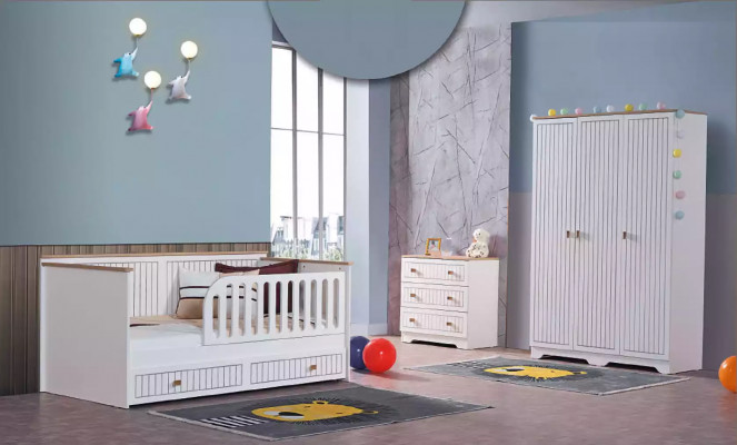 Children's room, teen room, white bed, dresser, wardrobe, 3-piece