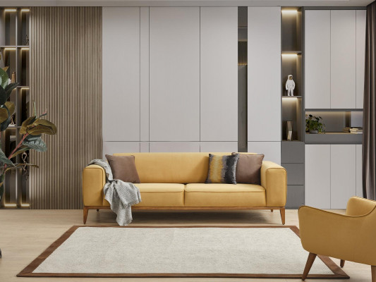 Three-seater sofa, 3-seater sofas, yellow fabric, luxury modern living room seating.
