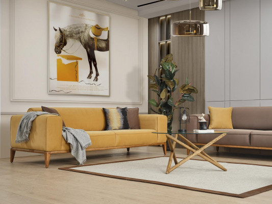 Three-seater sofa, 3-seater sofas, yellow fabric, luxury modern living room seating.