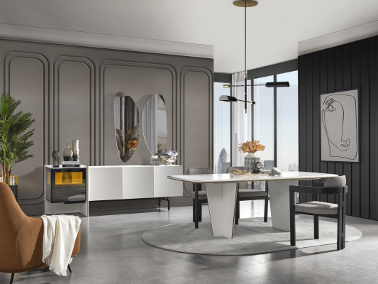 Dining table, dining room table, dining nook, table, wood, modern, white, dining room, luxury.