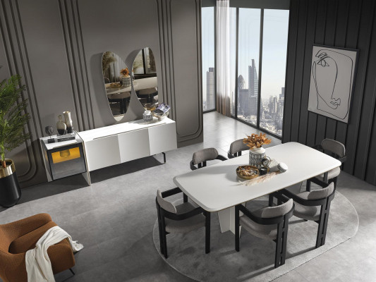 Dining table, dining room table, dining nook, table, wood, modern, white, dining room, luxury.