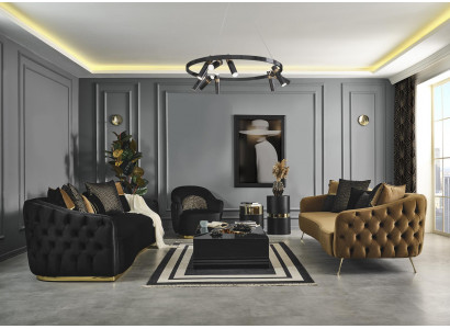 Chesterfield Sofa Set, Sofa, Armchair, Blue, Polyester, Luxury Set, 3-piece