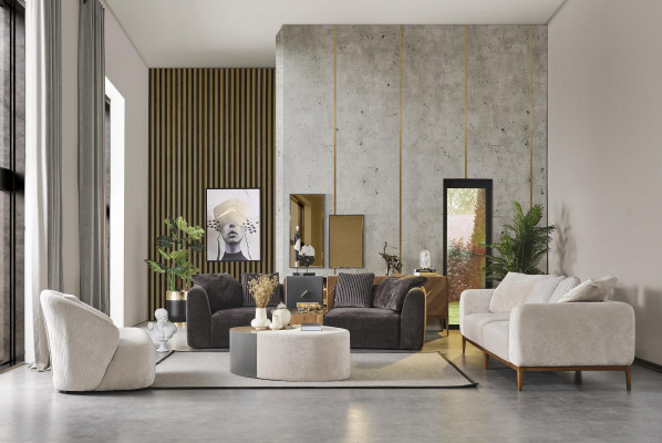 Sofa suite, fabric sofa, modern living room, white, 3-piece, polyester