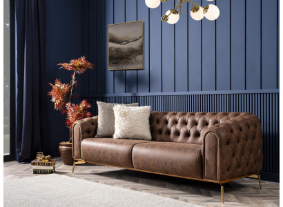 Chesterfield four-seater sofa, 4-seater, seat polyester, brown faux leather