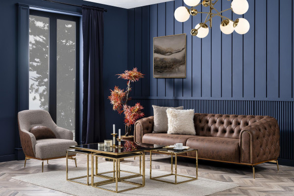 Chesterfield four-seater sofa, 4-seater, seat polyester, brown faux leather