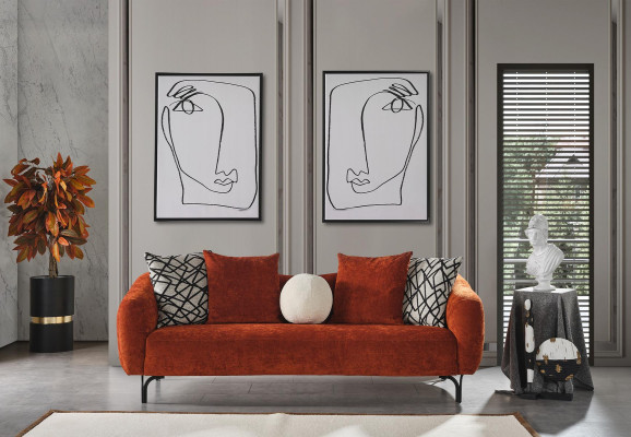 Three-seater sofa, 3-seater sofas, modern fabric design, orange living room.